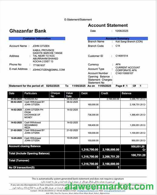 Afghanistan Ghazanfar Bank account statement Word and PDF template